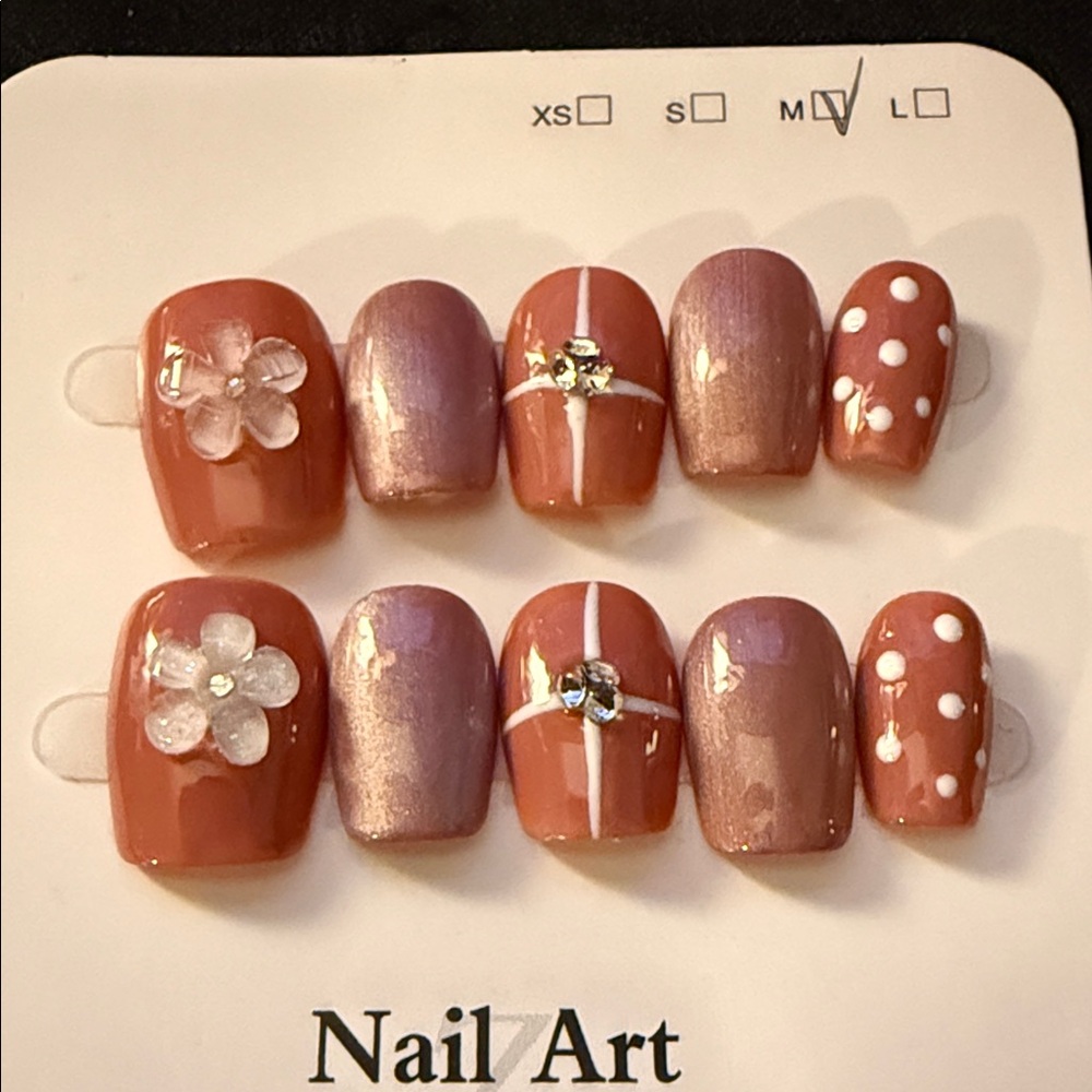 Elegant Pink Nail Art Set. New. 3D Flowers and Diamond Accents. Medium Short